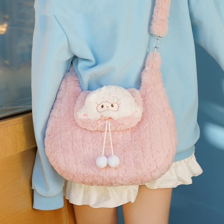 Pink Cute Little Lamb Plush Shoulder Bag With Pompons