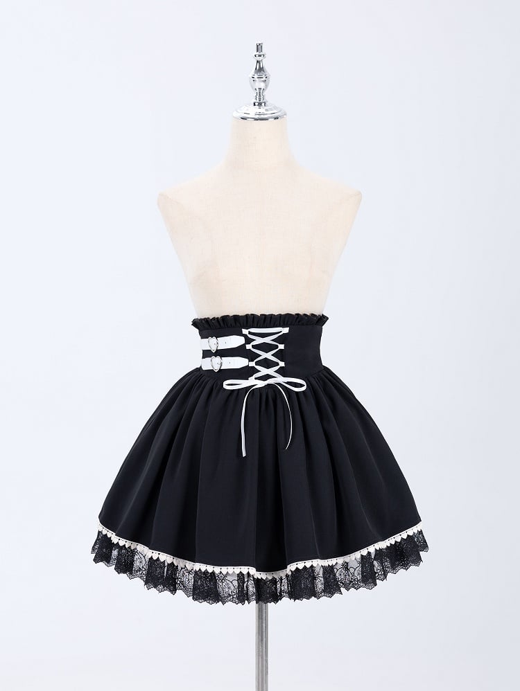Jirai Kei Buckles and Lace-up High Waist Black Skirt US Size