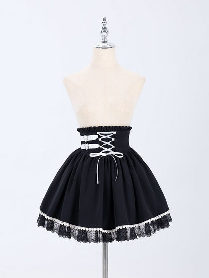 Jirai Kei Buckles and Lace-up High Waist Black Skirt US Size