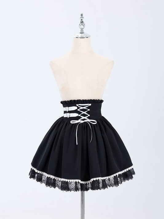 Jirai Kei Buckles and Lace-up High Waist Black Skirt US Size