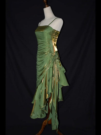 Grass Green Vintage Floral Dress Asymmetrical Hem Prom Gown
