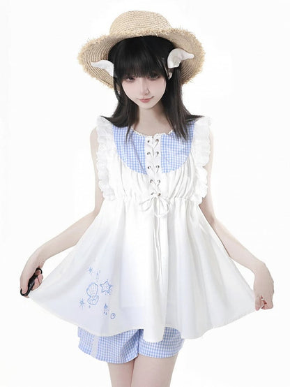 Seashell and Starfish Embroidery White and Blue Plaid Lace-up Front Flutter Sleeves Top