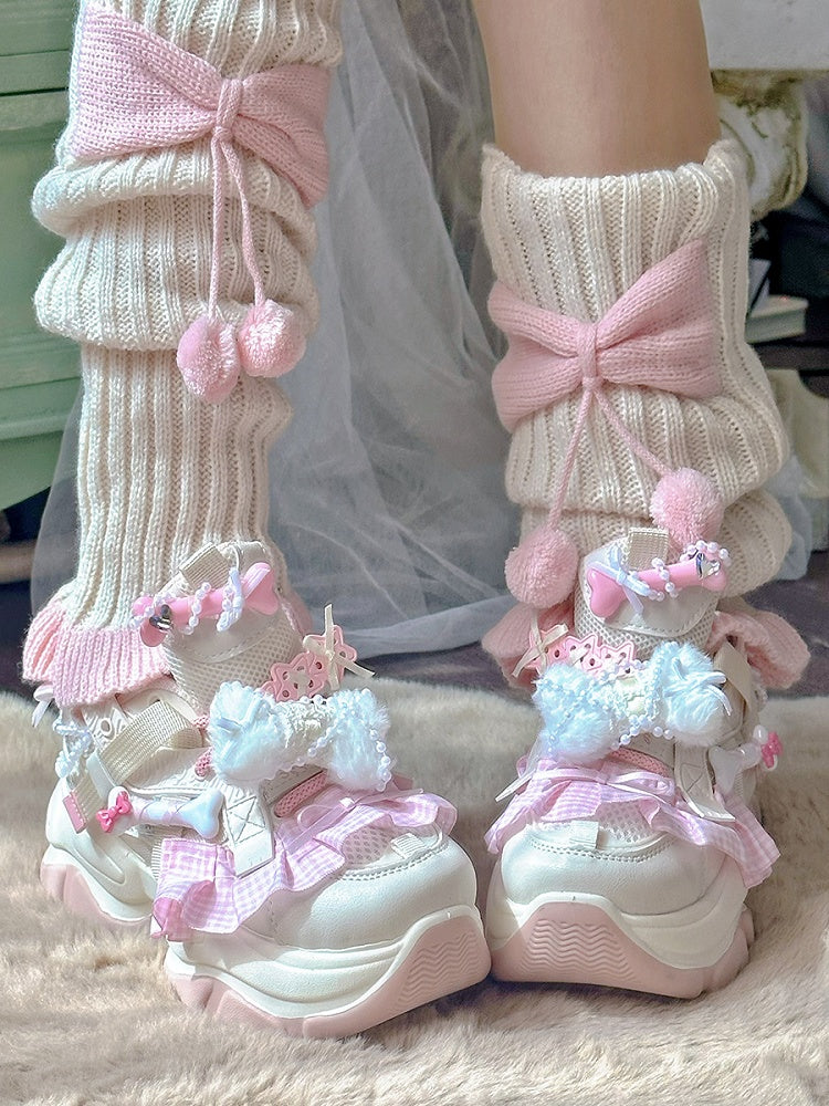 Beige & Pink Plaid Ruffle Trim Plush Bowknot Platform Sneakers