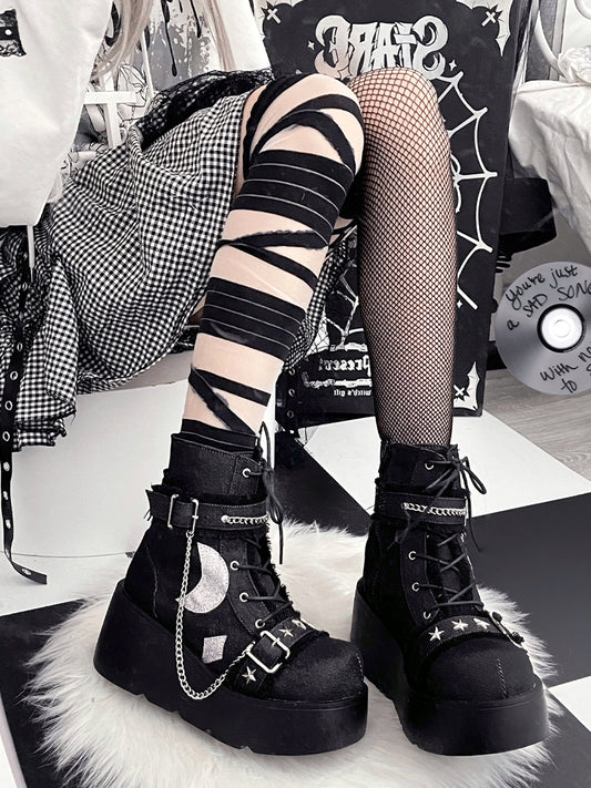 Black Moon Applique Buckle Ankle Strap Platform Boots