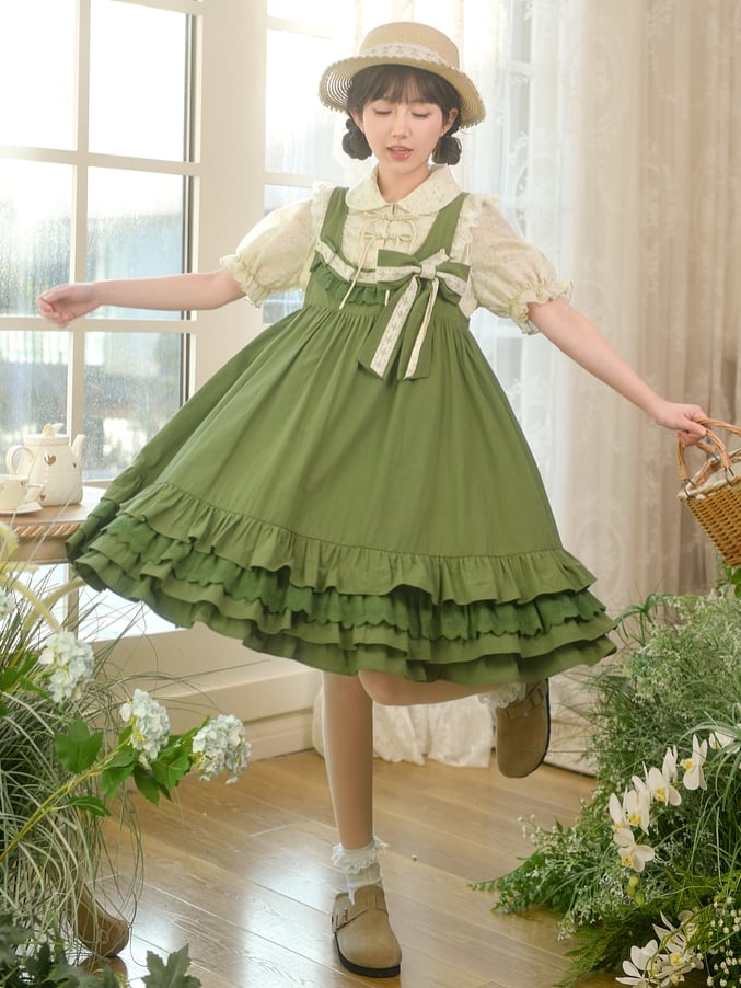Green Ruffle Hem Sweet Overall Dress with Detachable Bowknot