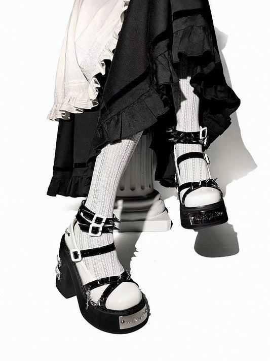 Studs and Chains White Gothic Punk Platform Block High Heels Ankle Straps