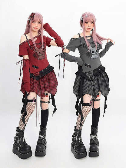 Y2K Red & Black/Black & Gray Plaid Handkerchief Hem Skirt with Lace-up Detail