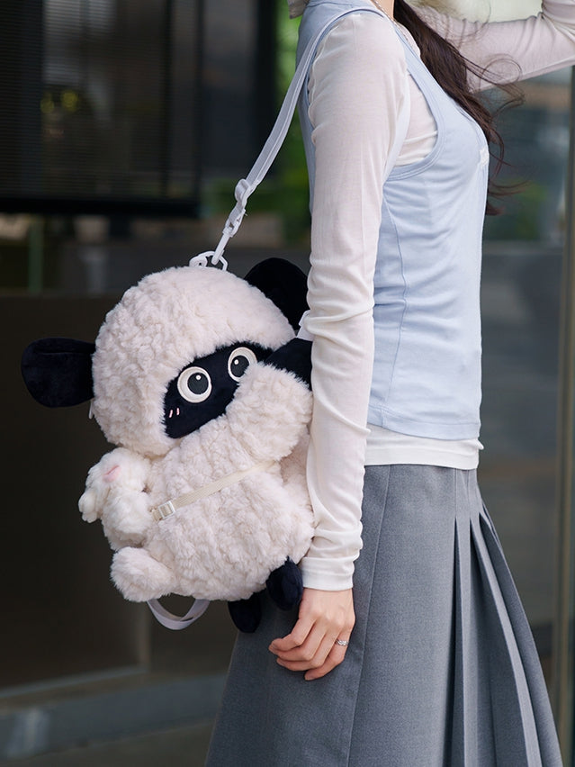 Cute Little Lamb White&Black Plush Backpack/Crossbody Bag + Keychain
