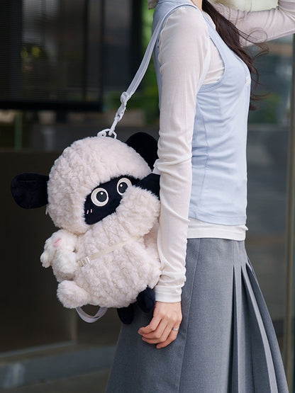 Cute Little Lamb White&Black Plush Backpack/Crossbody Bag + Keychain