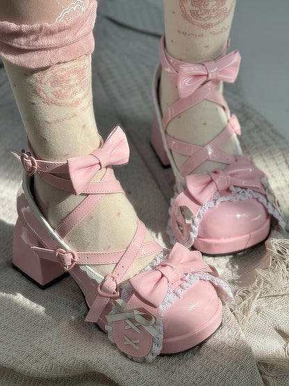 Pink Crisscross Design Bunny Ear Bowknot Sweet Lolita 8CM High Block Heels