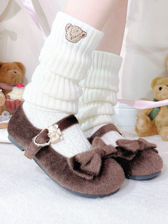 Brown Sweet Lolita Plush Shoes in Regular/Thicken Version - Delicate Bow Accents with Hugging Bear Heart Fasteners