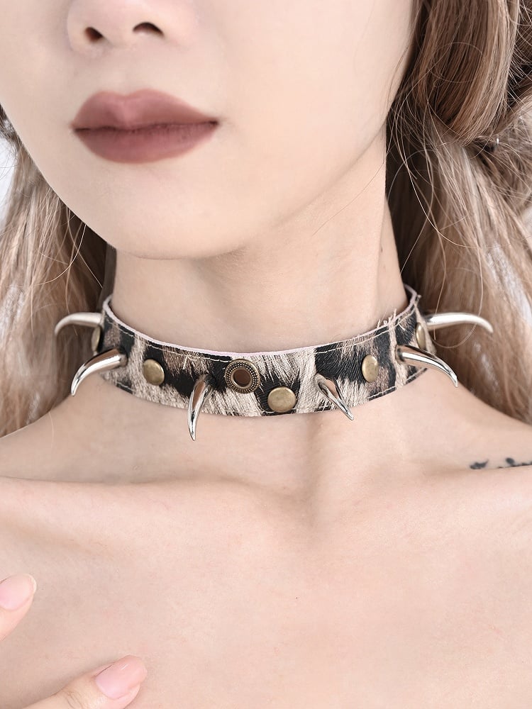 Light Brown Punk Studs Leopard Choker