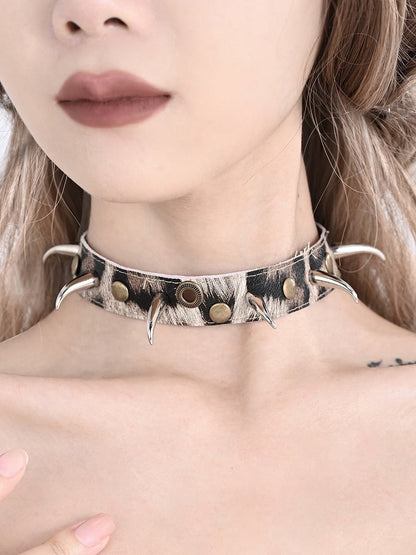 Light Brown Punk Studs Leopard Choker