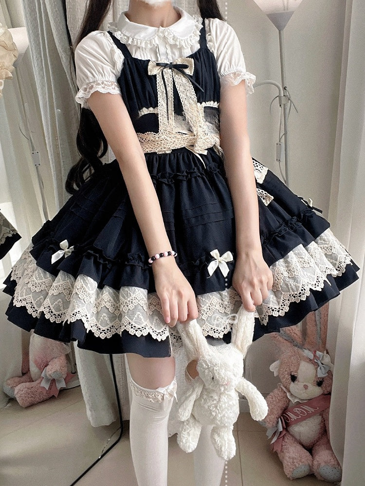Black Pleated and Ruffle Trim Skirt Summer Lolita Jumper Skirt