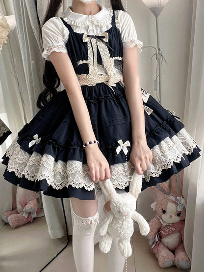 Black Pleated and Ruffle Trim Skirt Summer Lolita Jumper Skirt