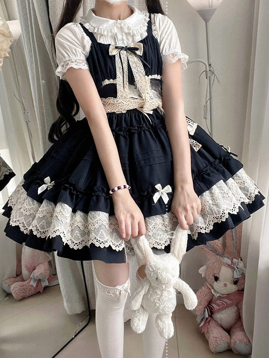 Black Pleated and Ruffle Trim Skirt Summer Lolita Jumper Skirt