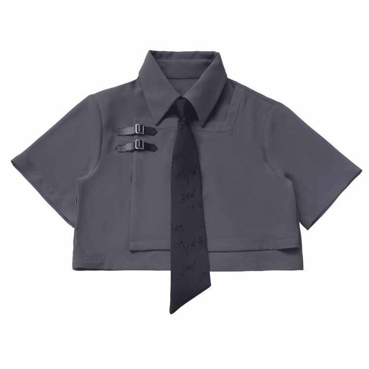 White/Gray Leather Buckles Cheongsam Style Short Sleeves Cropped Shirt with Tie