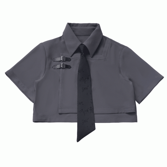 White/Gray Leather Buckles Cheongsam Style Short Sleeves Cropped Shirt with Tie