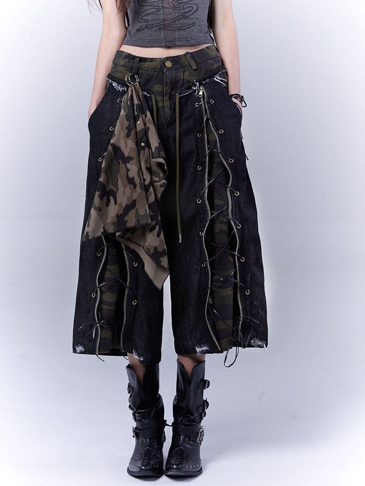 Camouflage Lace-up Front Punk Rock Distressed Straight-leg Jeans