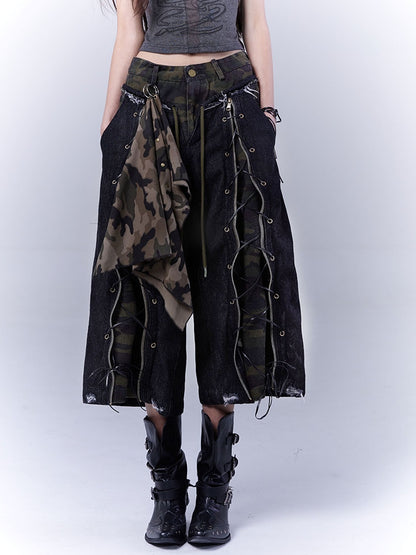 Camouflage Lace-up Front Punk Rock Distressed Straight-leg Jeans