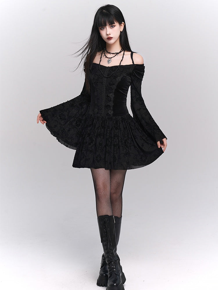 Black Gothic Velvet Off-the-shoulder Neckline Bell Sleeves Lace Trim Dress