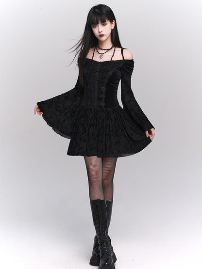 Black Gothic Velvet Off-the-shoulder Neckline Bell Sleeves Lace Trim Dress