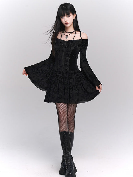 Black Gothic Velvet Off-the-shoulder Neckline Bell Sleeves Lace Trim Dress