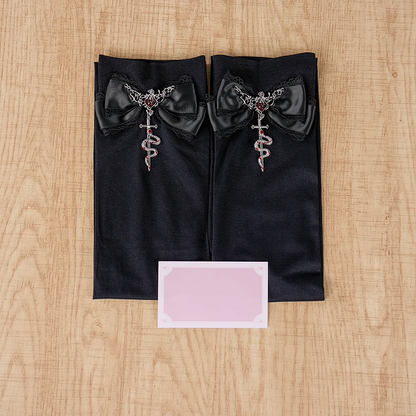 Gothic Red Metal Snake Black Bowknot Accents Jirai Kei Over Knee Stockings Regular/Long Version