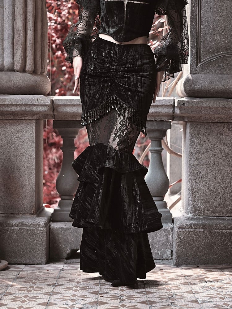 Clearance-Size M for Waist 72CM Gothic Black Velvet Vampire Mermaid Skirt with Layered Flounce Hem