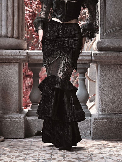 Clearance-Size M for Waist 72CM Gothic Black Velvet Vampire Mermaid Skirt with Layered Flounce Hem