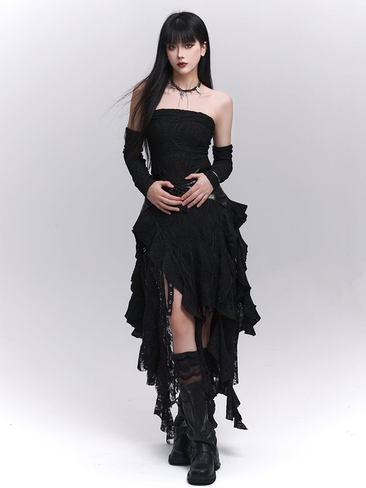 Black Asymmetrical Cascading Ruffles Strapless Dress with Free Armwears