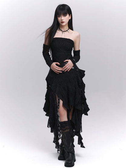 Black Asymmetrical Cascading Ruffles Strapless Dress with Free Armwears