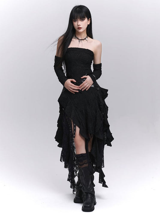 Black Asymmetrical Cascading Ruffles Strapless Dress with Free Armwears