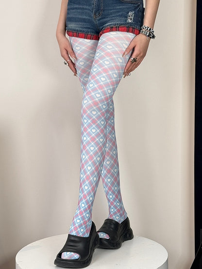 Blue&Pink Y2K Diamond Pattern Heart Print Tights