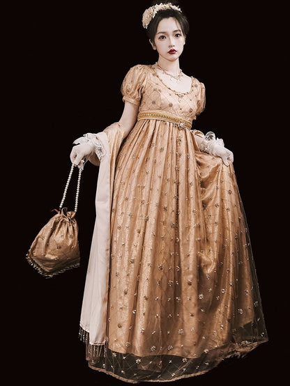 Allover Beaded Design Champagne Diamond Pattern Empire Waist Elegant Lolita One Piece Long/Short Version