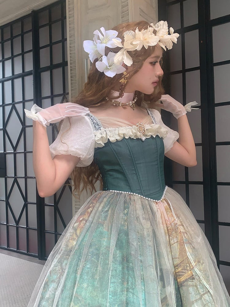 Dark Green & Apricot Basque Waist Forest Print Elegant Classic Lolita Dress with Overlay