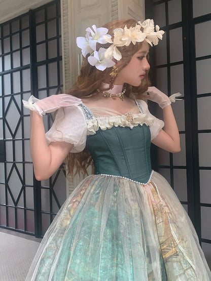 Dark Green & Apricot Basque Waist Forest Print Elegant Classic Lolita Dress with Overlay