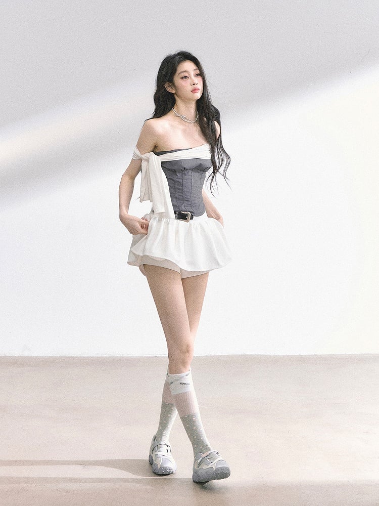 Gray Slim-fitting Strapless Top with White Self-tie Straps Design