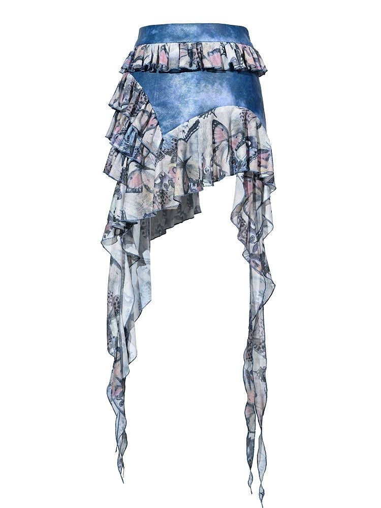 Grunge Punk Rock Fairy Style Blue Butterflies Print Tiered Ruffles Asymmetrical Hem Patchwork Skirt