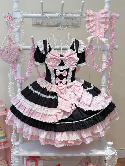 Black and Pink Sweet Bow Accents Short Sleeves Dress Lolita One Piece