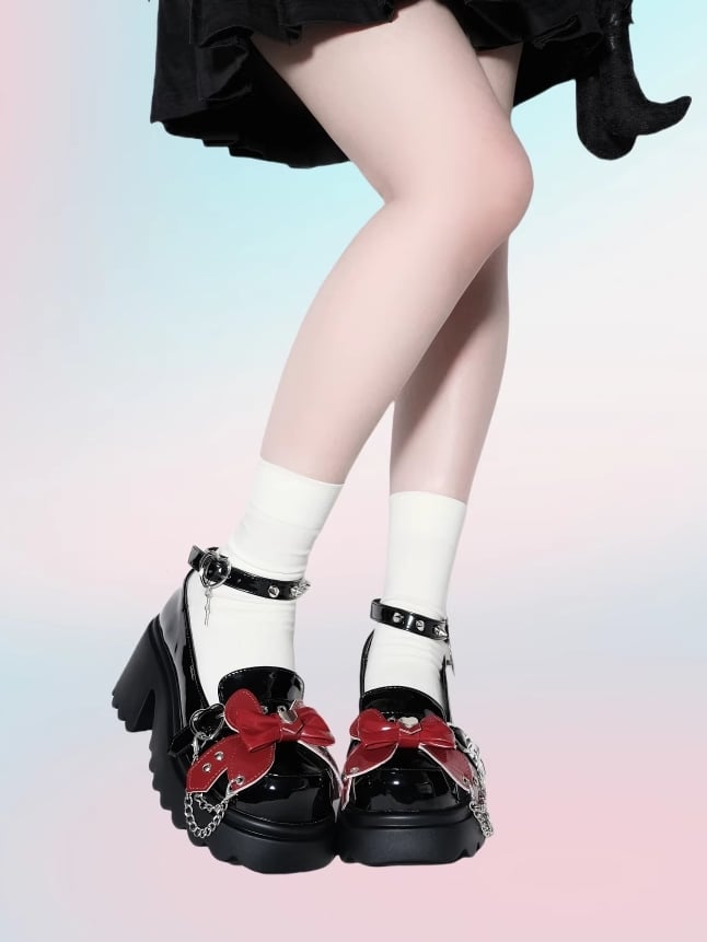 Black&Red Punk Bowknot Decorated Butterfly Heart Buckles Studs Details Platforms