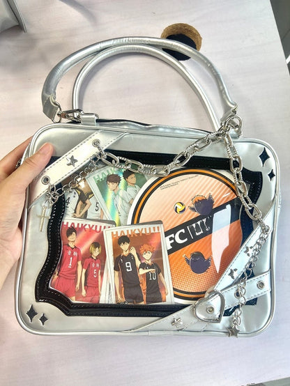 Silver & Black Crisscross Strap Ita Shoulder Bag with Cross Charm Chain