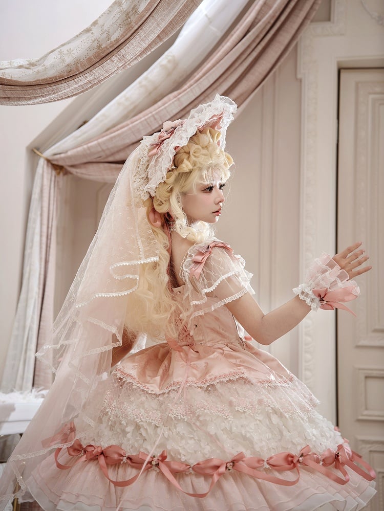 Pink Hanayome Lolita Hime Dress with Corset Waist and Rose Bow Accents Short Version