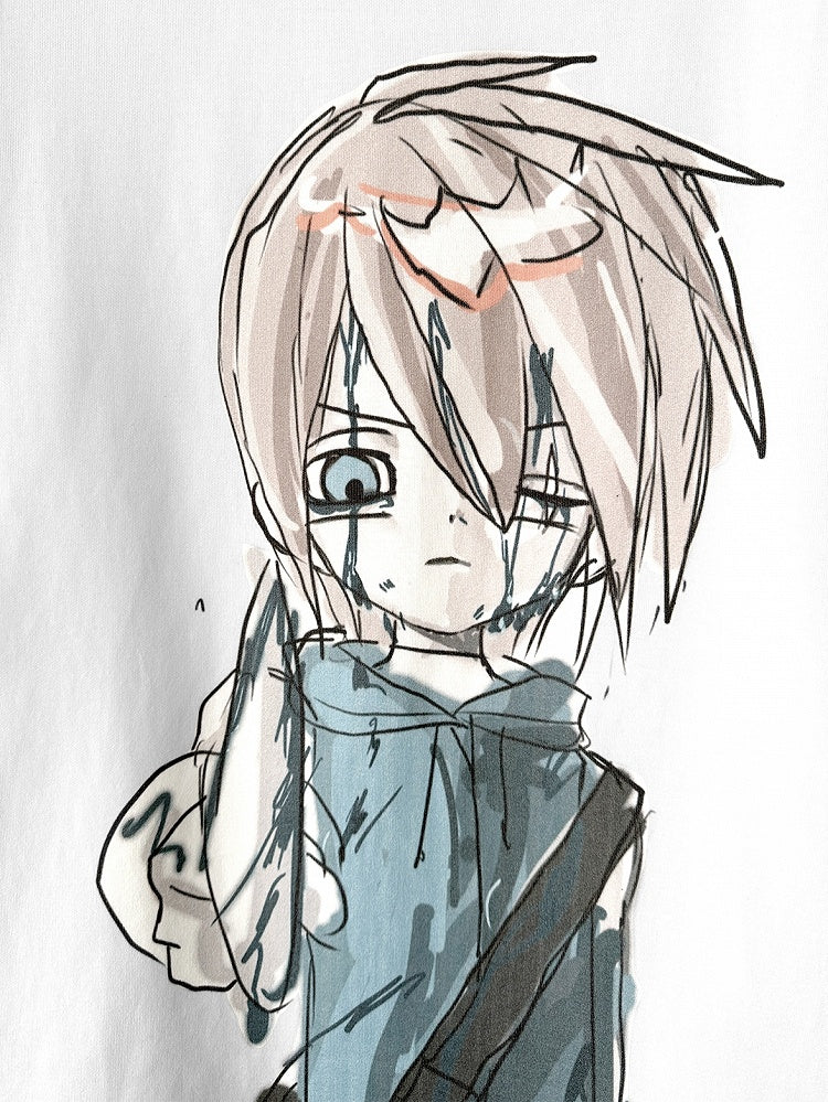 Cartoon Boy Print Blue and White T-shirt