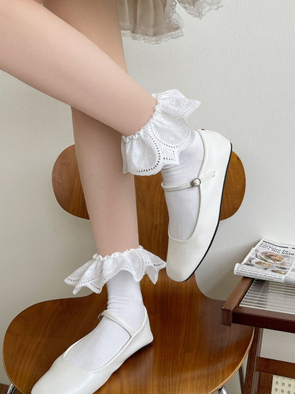 Black/White Calf Socks With Floral Embroidery Cuffs