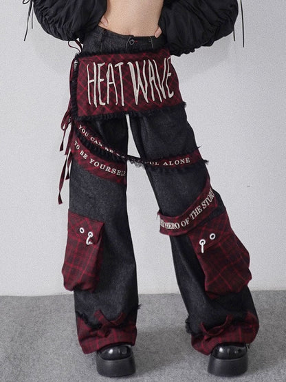 Letters Embroidery Black Punk Cargo Jeans with Plaid Pockets