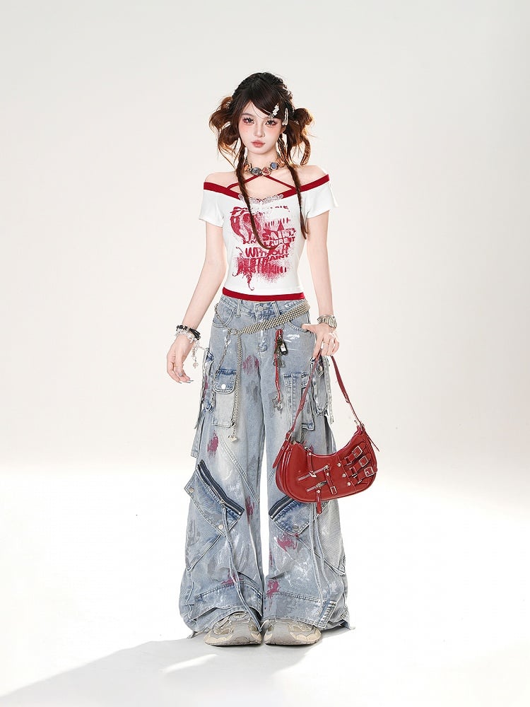 Off-the-shoulder Neckline Butterfly Applique Red/White/Gray Halter Neck T-shirt