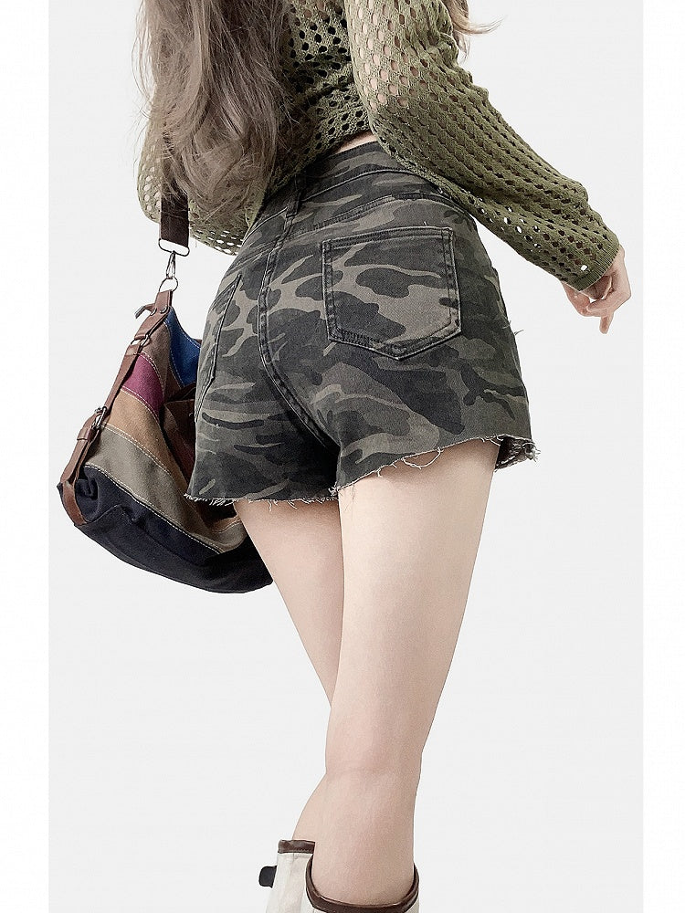 Army Green Y2K Camo Pattern Denim Shorts