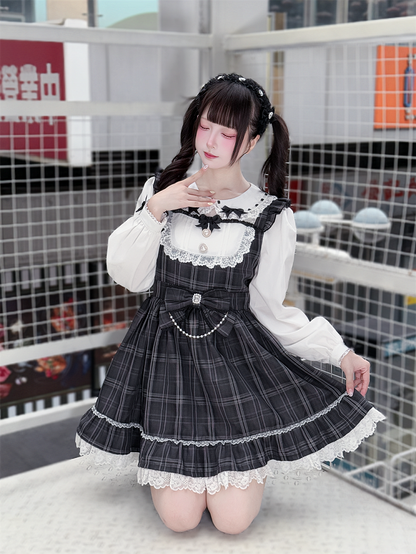 Vintage Academia Dress: Jirai Kei Gray Plaid with Peter Pan Collar & Big Waist Bow