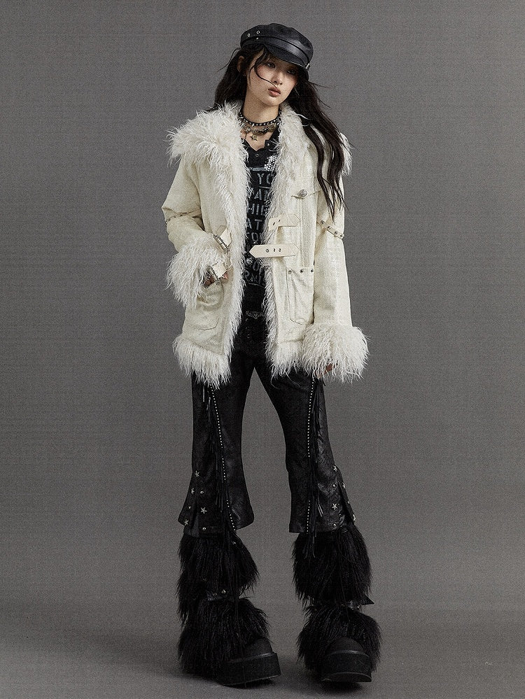 Silver Buckles and Studs Milk White Punk Loose Winter Coat